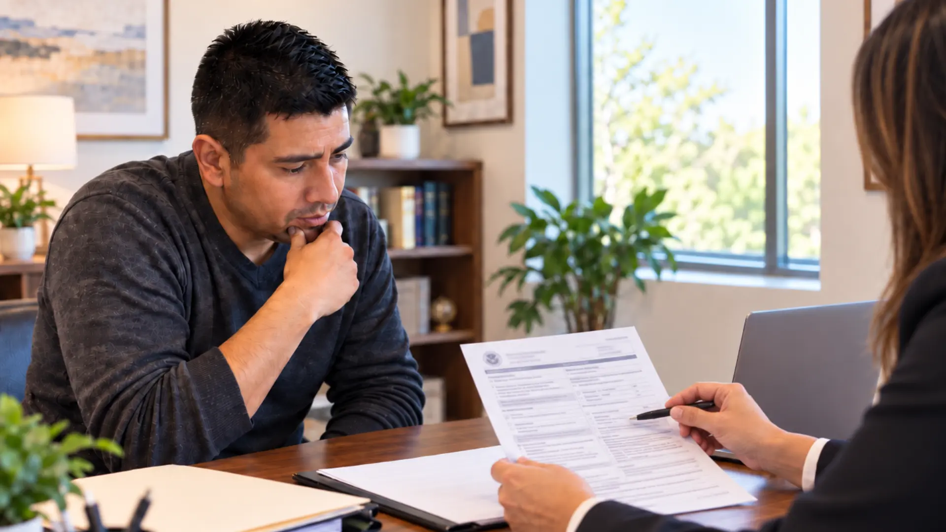 Person reviewing immigration court paperwork with an attorney.